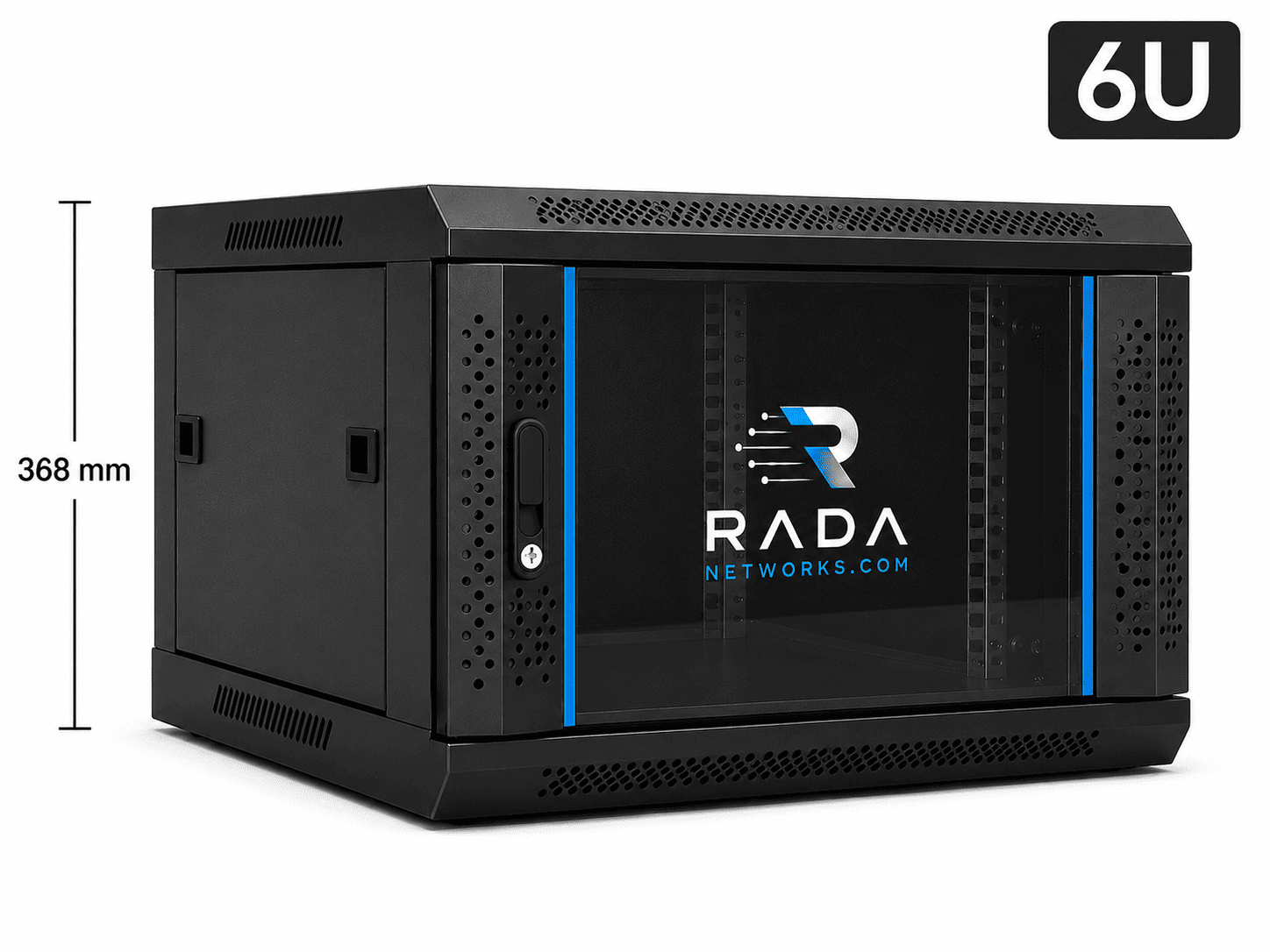 RADA Networks 6U serverkast en patch kast met glazen deur, 368 mm hoog — serverkast, patch kast