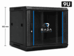RADA Networks 9U serverkast, patch kast met glazen deur en geperforeerde zijpanelen