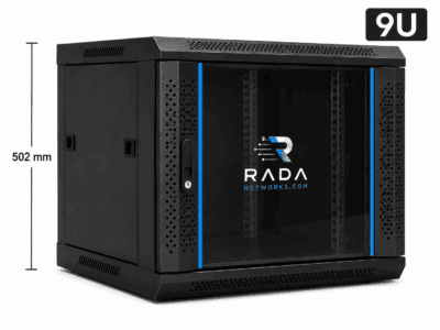 RADA Networks 9U serverkast, patch kast met glazen deur en geperforeerde zijpanelen