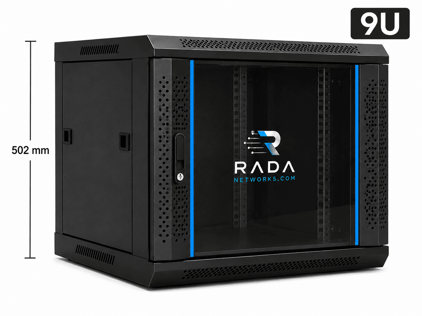 RADA Networks 9U serverkast, patch kast met glazen deur en geperforeerde zijpanelen