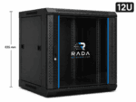 RADA Networks 12U serverkast en patch kast met glazen deur, zwarte wandkast in perspectief — serverkast, patch kast