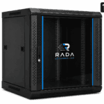 RADA Networks 12U serverkast en patch kast met glazen deur, zwarte wandkast in perspectief — serverkast, patch kast