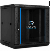 RADA Networks 12U serverkast en patch kast met glazen deur, zwarte wandkast in perspectief — serverkast, patch kast