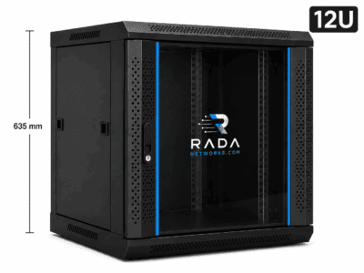 RADA Networks 12U serverkast en patch kast met glazen deur, zwarte wandkast in perspectief — serverkast, patch kast