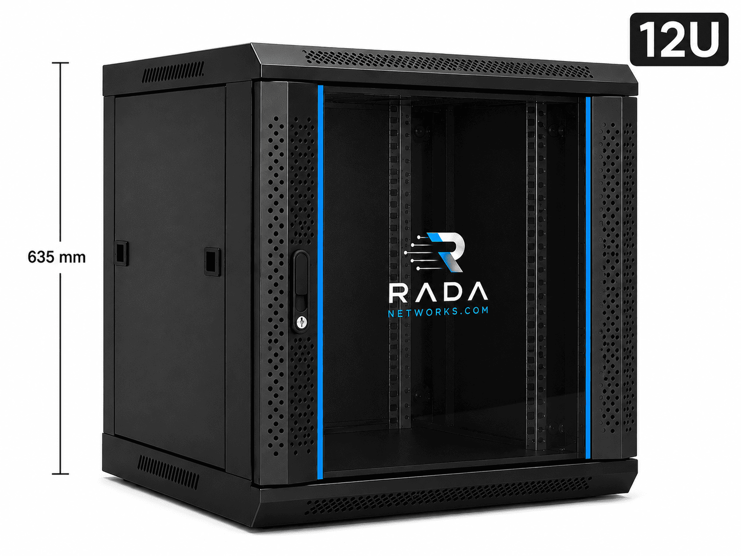 RADA Networks 12U serverkast en patch kast met glazen deur, zwarte wandkast in perspectief — serverkast, patch kast