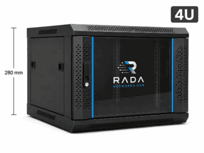 RADA Networks 4U serverkast en patch kast met glazen deur, zwart en 280 mm hoog — serverkast, patch kast