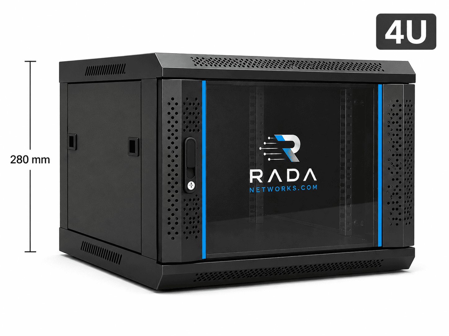 RADA Networks 4U serverkast en patch kast met glazen deur, zwart en 280 mm hoog — serverkast, patch kast