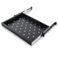 Uitschuifbaar zwart 19-inch legbord met geperforeerd oppervlak en telescopische rails