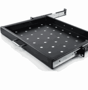 Uitschuifbaar zwart 19-inch legbord met geperforeerd oppervlak en telescopische rails