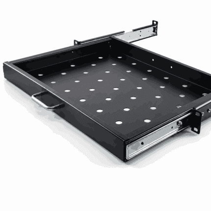 Uitschuifbaar zwart 19-inch legbord met geperforeerd oppervlak en telescopische rails
