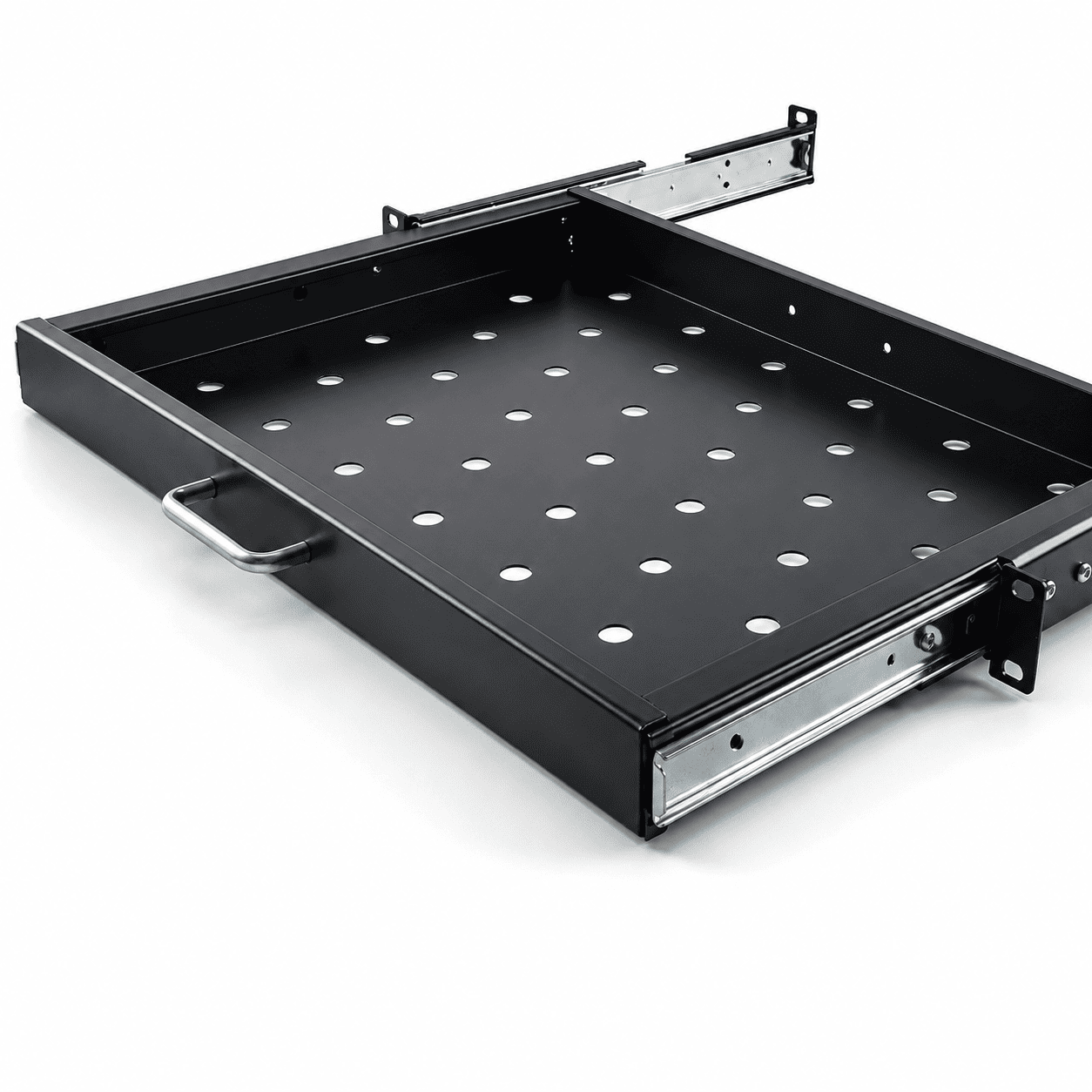 Uitschuifbaar zwart 19-inch legbord met geperforeerd oppervlak en telescopische rails
