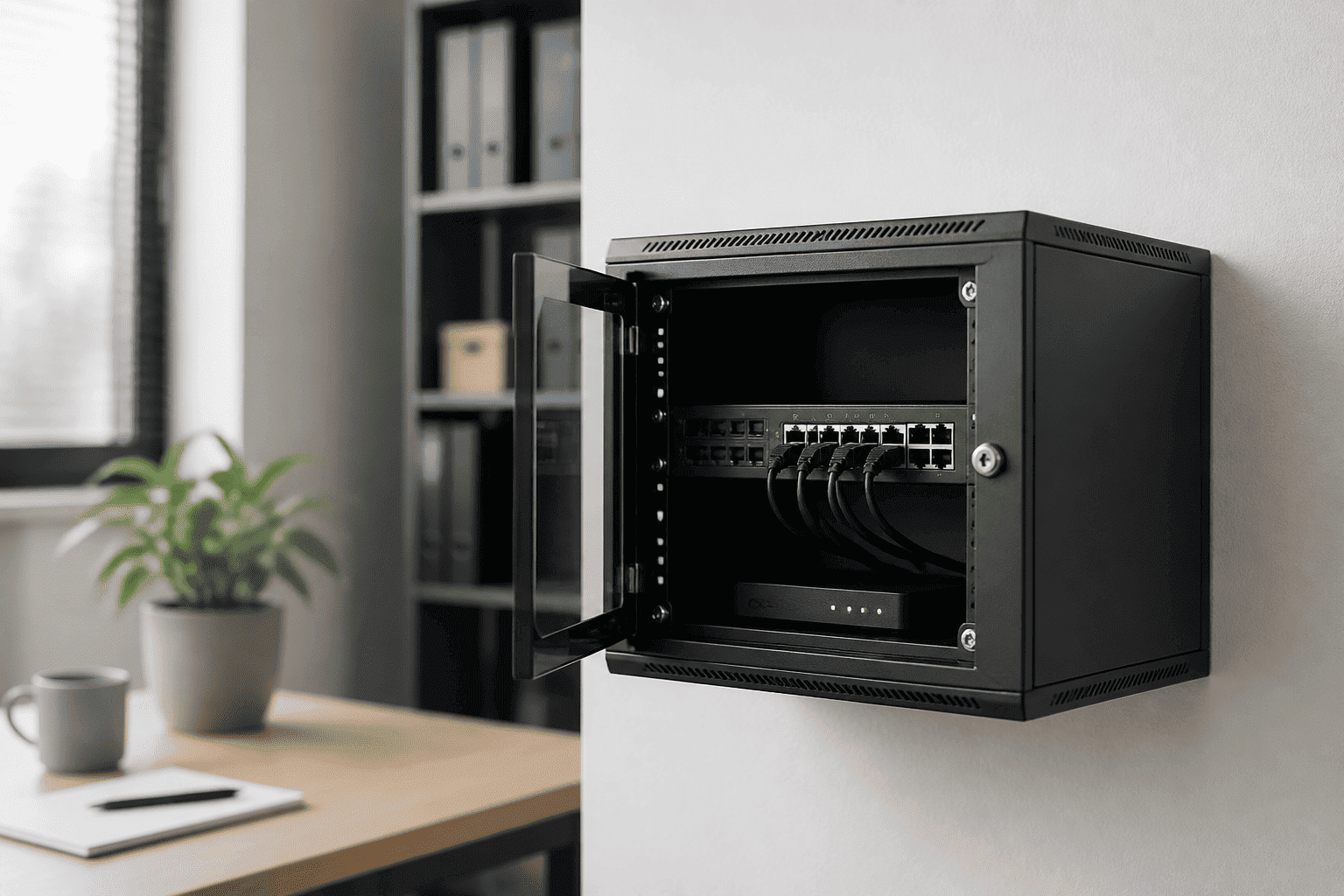 RADA Networks 10 inch serverkast en patch kast aan de wand met netwerkswitch en kabels — serverkast, patch kast