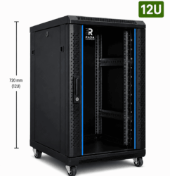 RADA Networks 12U serverkast en patch kast op zwenkwielen, zwart met open voorkant — serverkast, patch kast