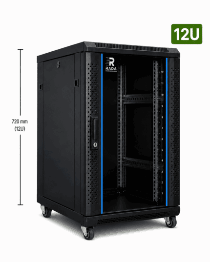 RADA Networks 12U serverkast en patch kast op zwenkwielen, zwart met open voorkant — serverkast, patch kast