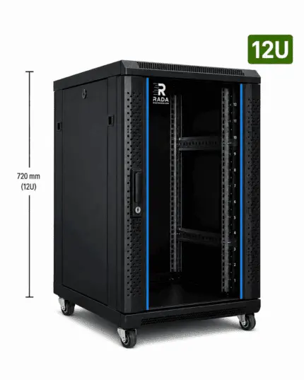 RADA Networks 12U serverkast en patch kast op zwenkwielen, zwart met open voorkant — serverkast, patch kast