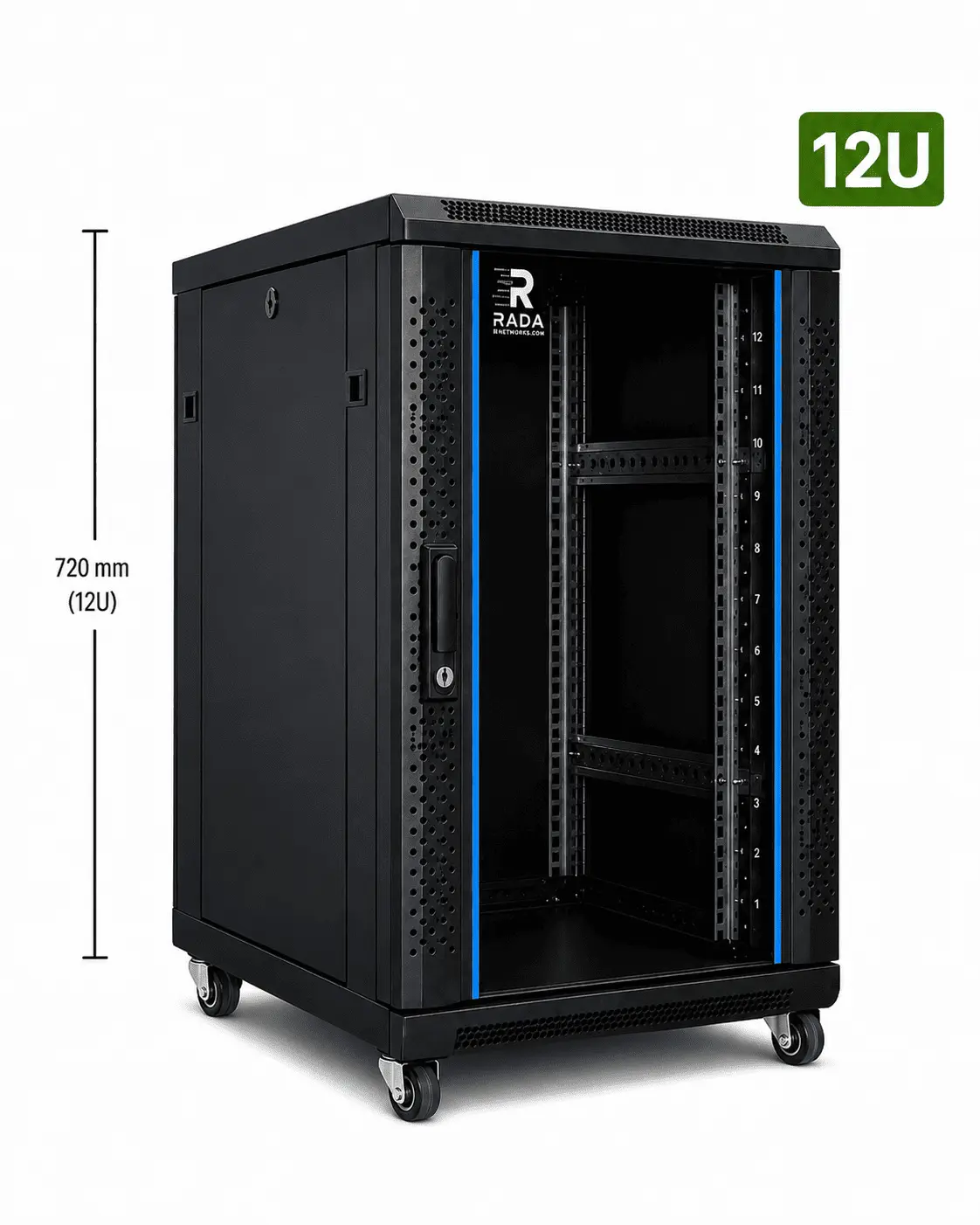 RADA Networks 12U serverkast en patch kast op zwenkwielen, zwart met open voorkant — serverkast, patch kast