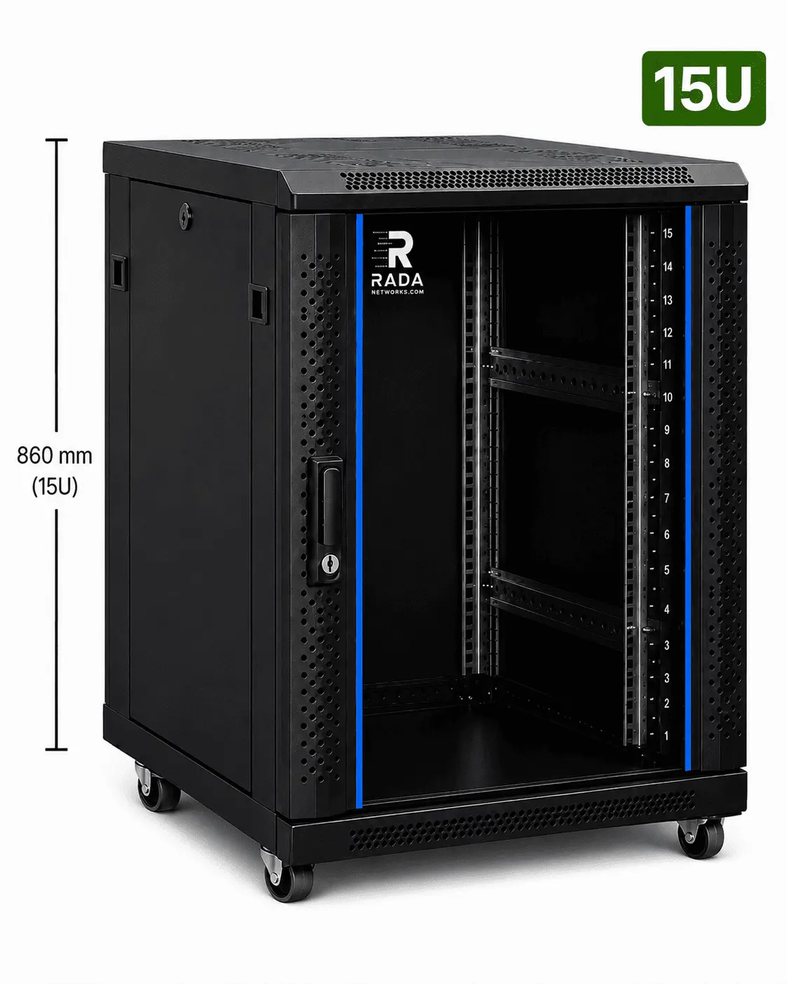 RADA Networks 15U serverkast op wielen met open voorkant en patch kast — serverkast, patch kast