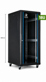 RADA Networks 18U serverkast, patch kast op wielen met open rack en maatindicatie van 1000 mm