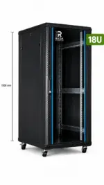 RADA Networks 18U serverkast, patch kast op wielen met open rack en maatindicatie van 1000 mm