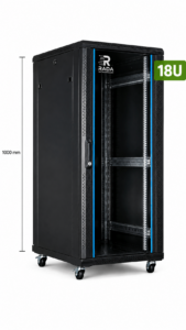 RADA Networks 18U serverkast, patch kast op wielen met open rack en maatindicatie van 1000 mm