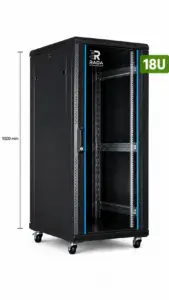 RADA Networks 18U serverkast, patch kast op wielen met open rack en maatindicatie van 1000 mm