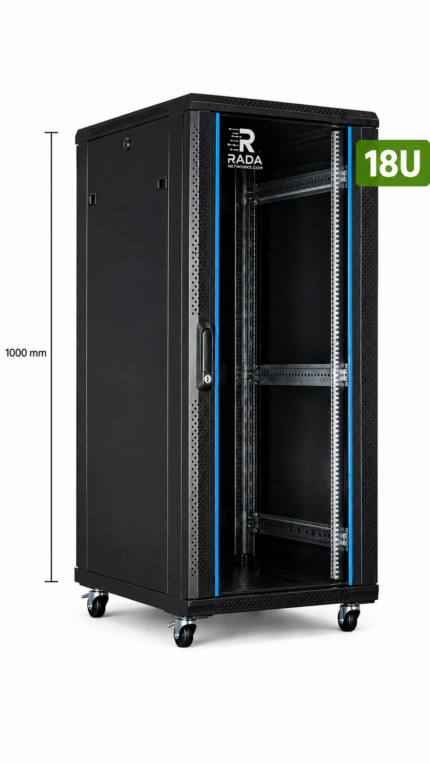 RADA Networks 18U serverkast, patch kast op wielen met open rack en maatindicatie van 1000 mm