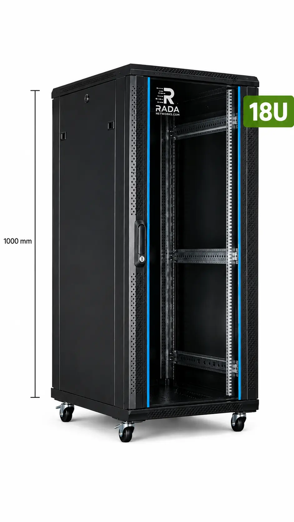 RADA Networks 18U serverkast, patch kast op wielen met open rack en maatindicatie van 1000 mm