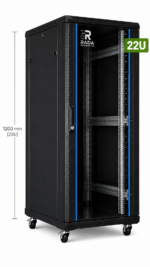 RADA Networks 22U serverkast en patch kast op zwenkwielen, zwart en leeg afgebeeld — serverkast, patch kast