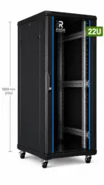 RADA Networks 22U serverkast en patch kast op zwenkwielen, zwart en leeg afgebeeld — serverkast, patch kast