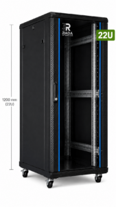 RADA Networks 22U serverkast en patch kast op zwenkwielen, zwart en leeg afgebeeld — serverkast, patch kast