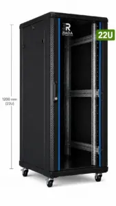 RADA Networks 22U serverkast en patch kast op zwenkwielen, zwart en leeg afgebeeld — serverkast, patch kast