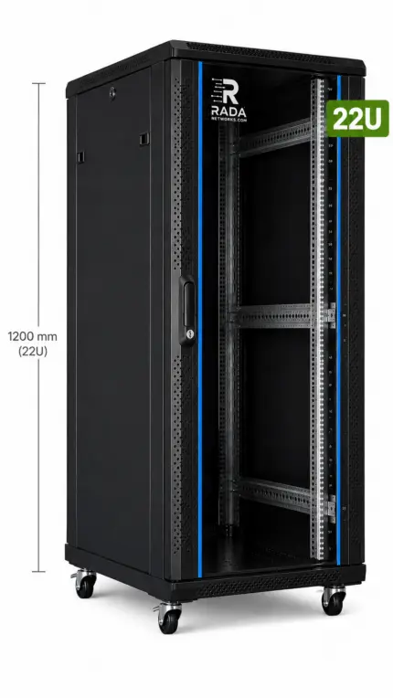RADA Networks 22U serverkast en patch kast op zwenkwielen, zwart en leeg afgebeeld — serverkast, patch kast