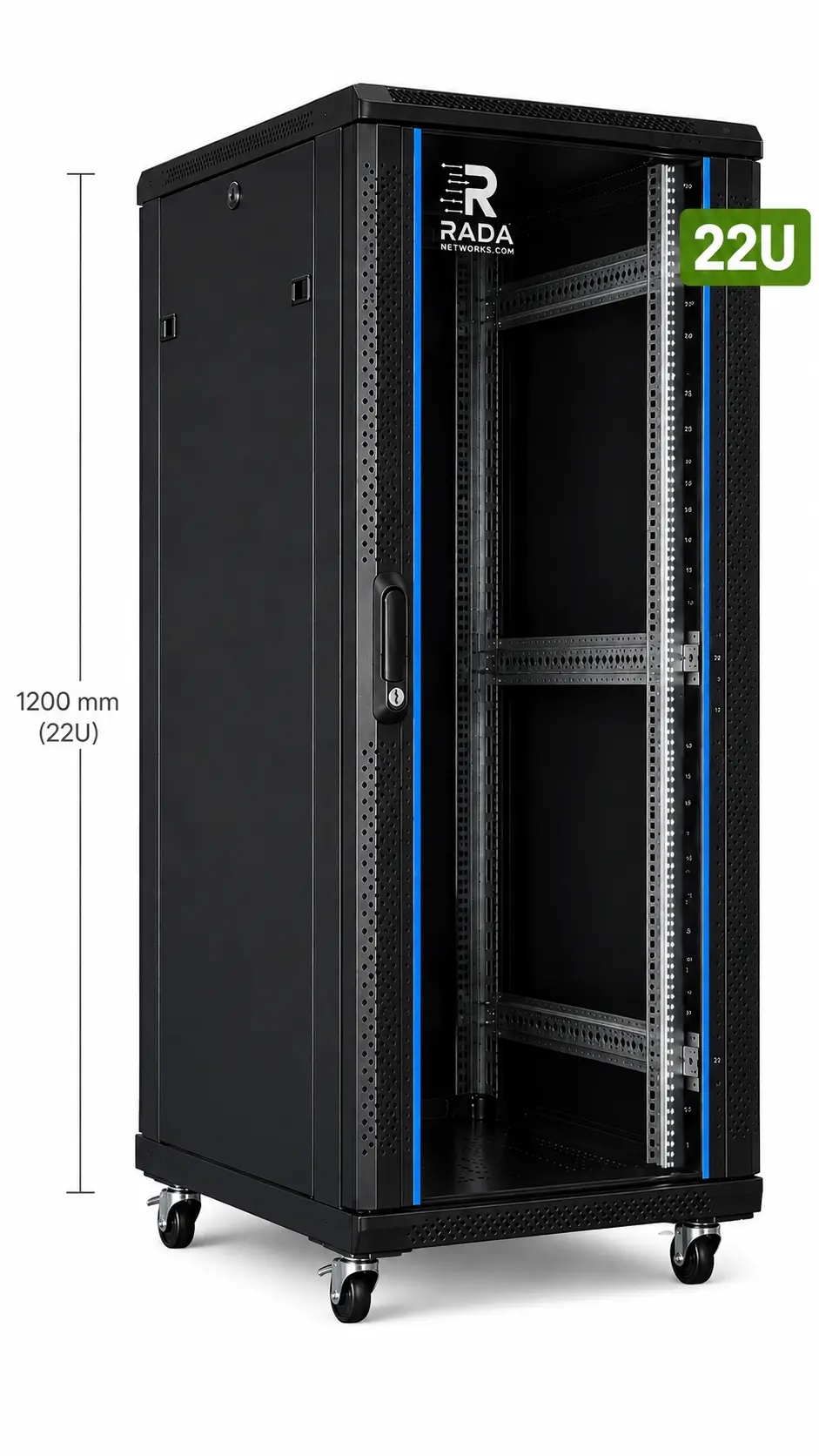RADA Networks 22U serverkast en patch kast op zwenkwielen, zwart en leeg afgebeeld — serverkast, patch kast