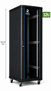 RADA Networks 32U serverkast en patch kast op wielen, afgebeeld met een hoogte van 1600 mm — serverkast, patch kast