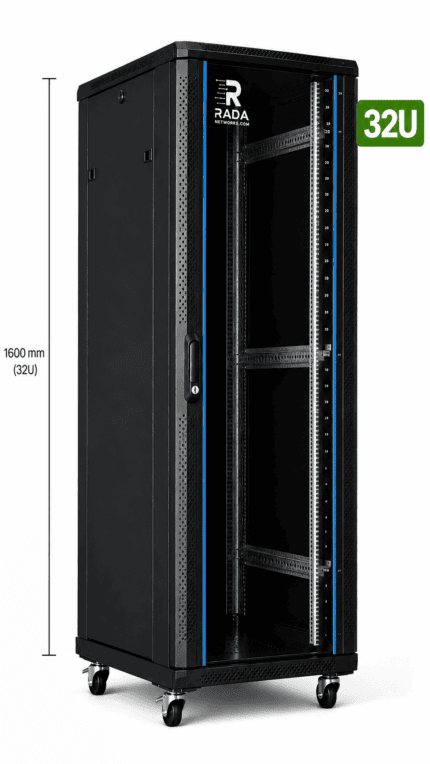 RADA Networks 32U serverkast en patch kast op wielen, afgebeeld met een hoogte van 1600 mm — serverkast, patch kast
