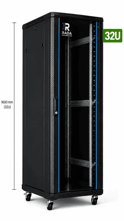 RADA Networks 32U serverkast en patch kast op wielen, afgebeeld met een hoogte van 1600 mm — serverkast, patch kast