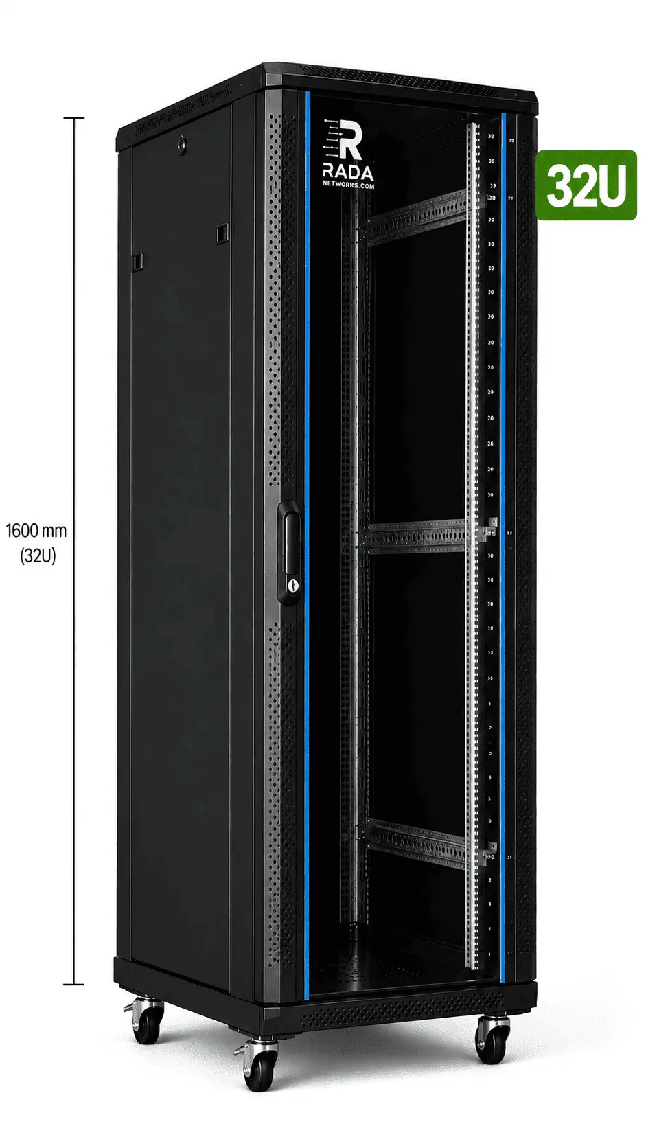 RADA Networks 32U serverkast en patch kast op wielen, afgebeeld met een hoogte van 1600 mm — serverkast, patch kast