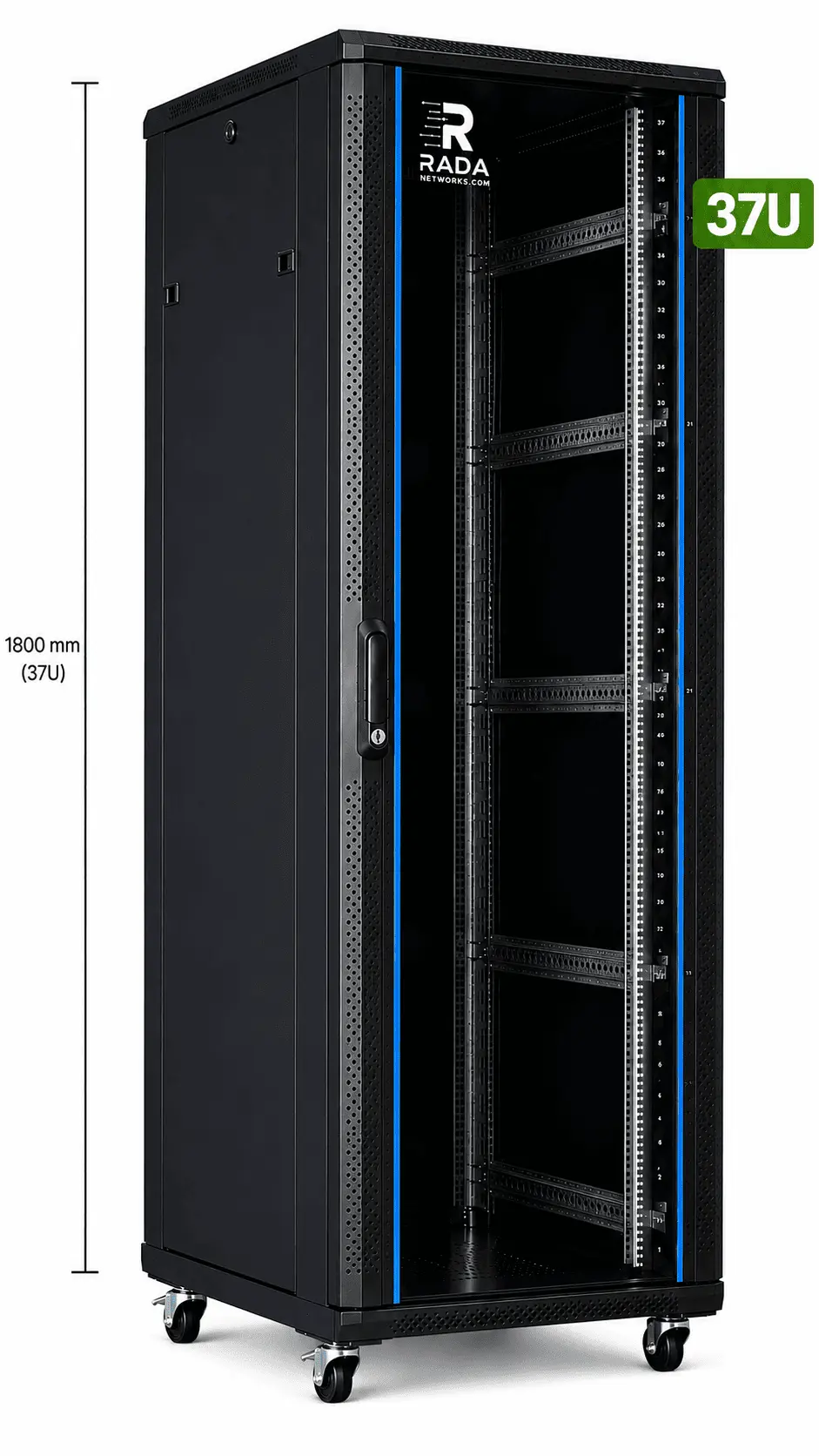 RADA Networks 37U serverkast en patch kast in zwart met zwenkwielen — serverkast, patch kast