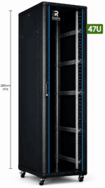 RADA Networks 47U serverkast en patch kast in zwart, leeg en op zwenkwielen, met maatindicatie 2200 — serverkast, patch kast