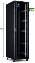 RADA Networks 47U serverkast en patch kast in zwart, leeg en op zwenkwielen, met maatindicatie 2200 — serverkast, patch kast