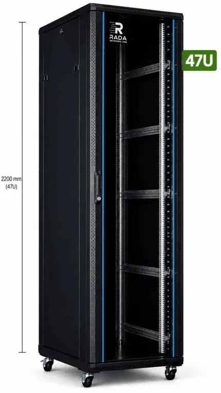 RADA Networks 47U serverkast en patch kast in zwart, leeg en op zwenkwielen, met maatindicatie 2200 — serverkast, patch kast
