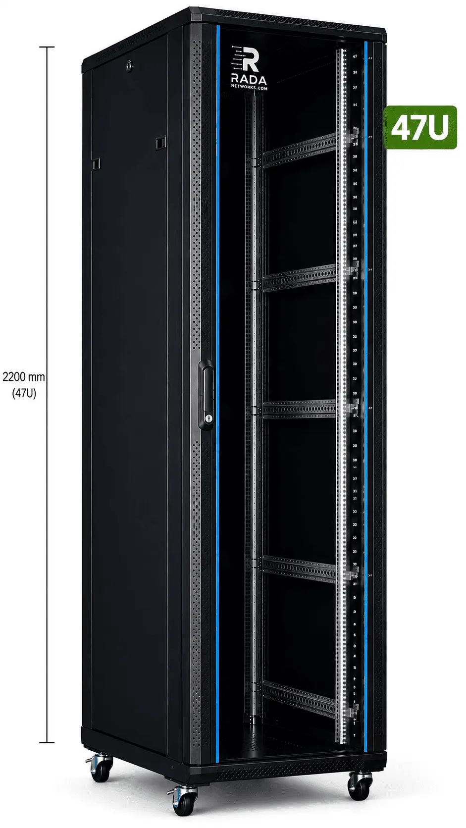 RADA Networks 47U serverkast en patch kast in zwart, leeg en op zwenkwielen, met maatindicatie 2200 — serverkast, patch kast