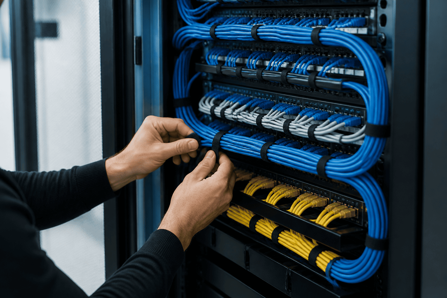 RADA Networks toont kabelbeheer in een serverkast met patch kast en kleurgecodeerde kabels — serverkast, patch kast