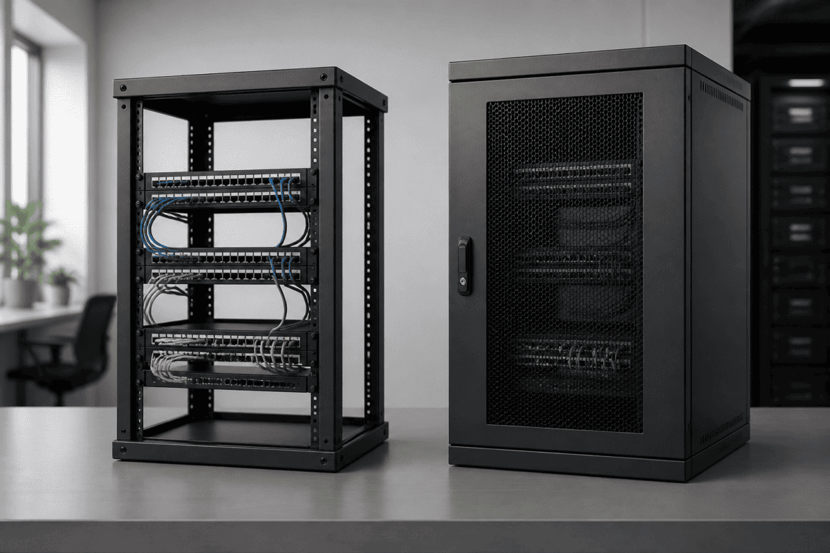RADA Networks: open en gesloten 19 inch patch kast naast elkaar, met een serverkast als netwerkoplos — serverkast, patch kast