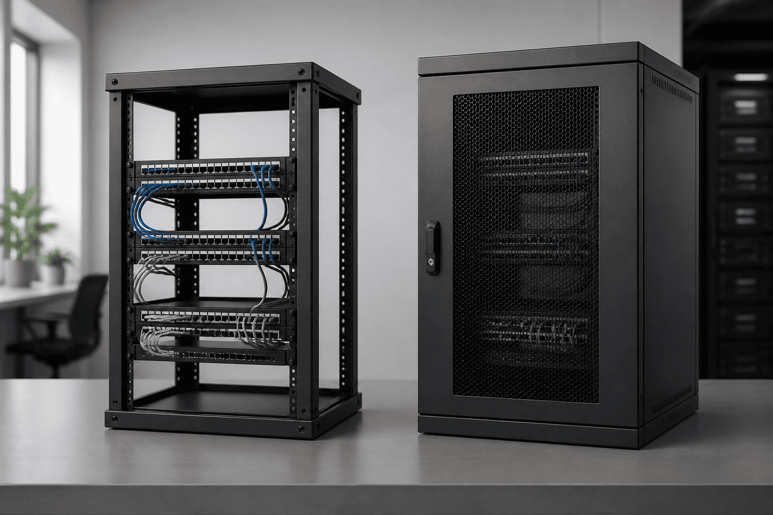 RADA Networks: open en gesloten 19 inch patch kast naast elkaar, met een serverkast als netwerkoplos — serverkast, patch kast