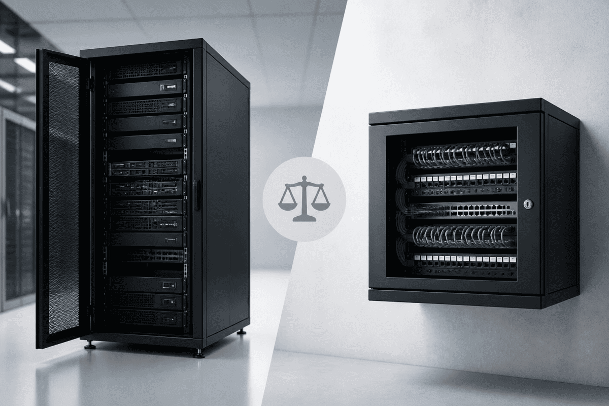 RADA Networks serverkast naast een wandgemonteerde patch kast, ter illustratie van hun verschil — serverkast, patch kast