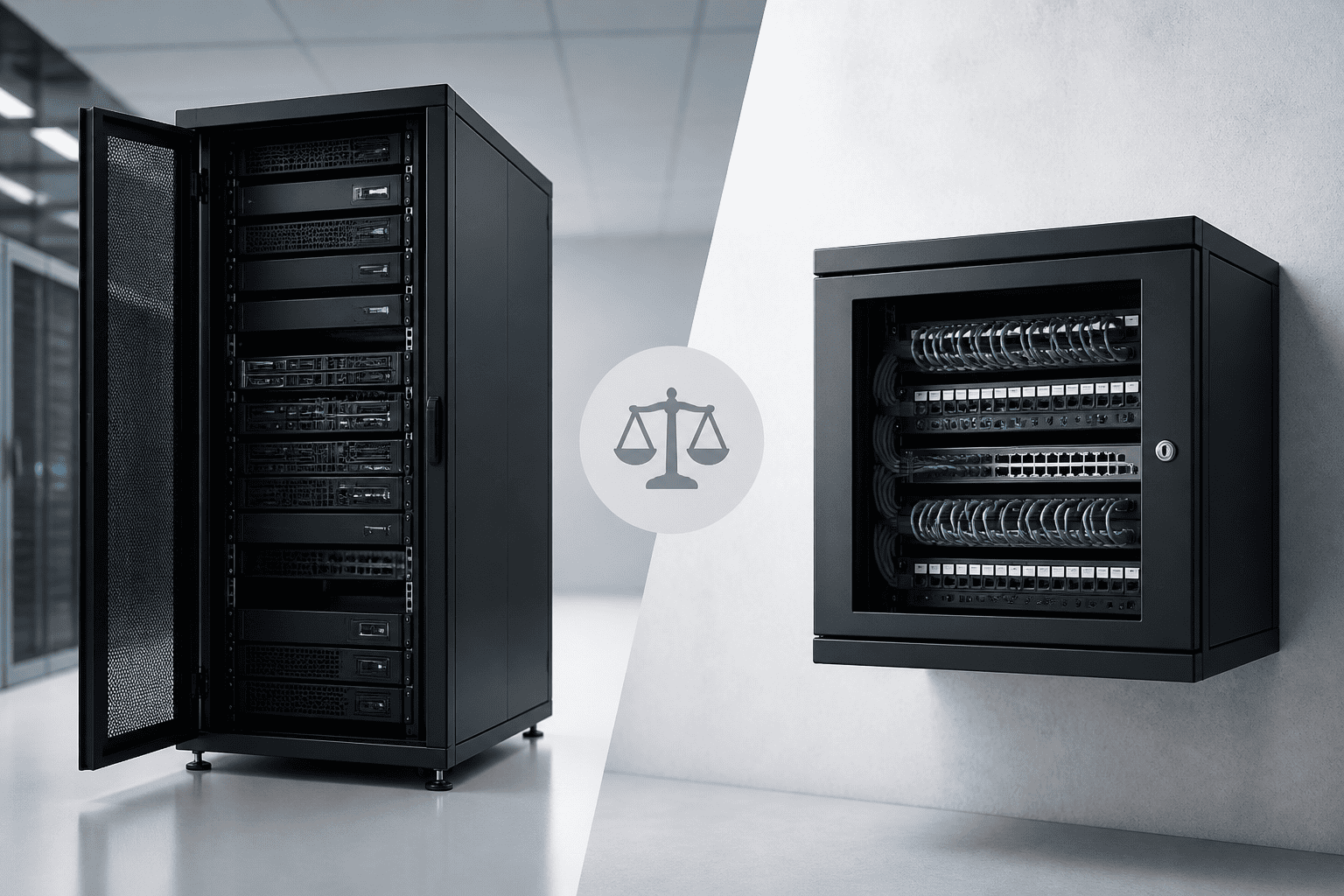 RADA Networks serverkast naast een wandgemonteerde patch kast, ter illustratie van hun verschil — serverkast, patch kast