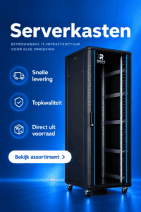 RADA Networks serverkast, een patch kast op wielen met open rackrails en tekst over snelle levering — serverkast, patch kast
