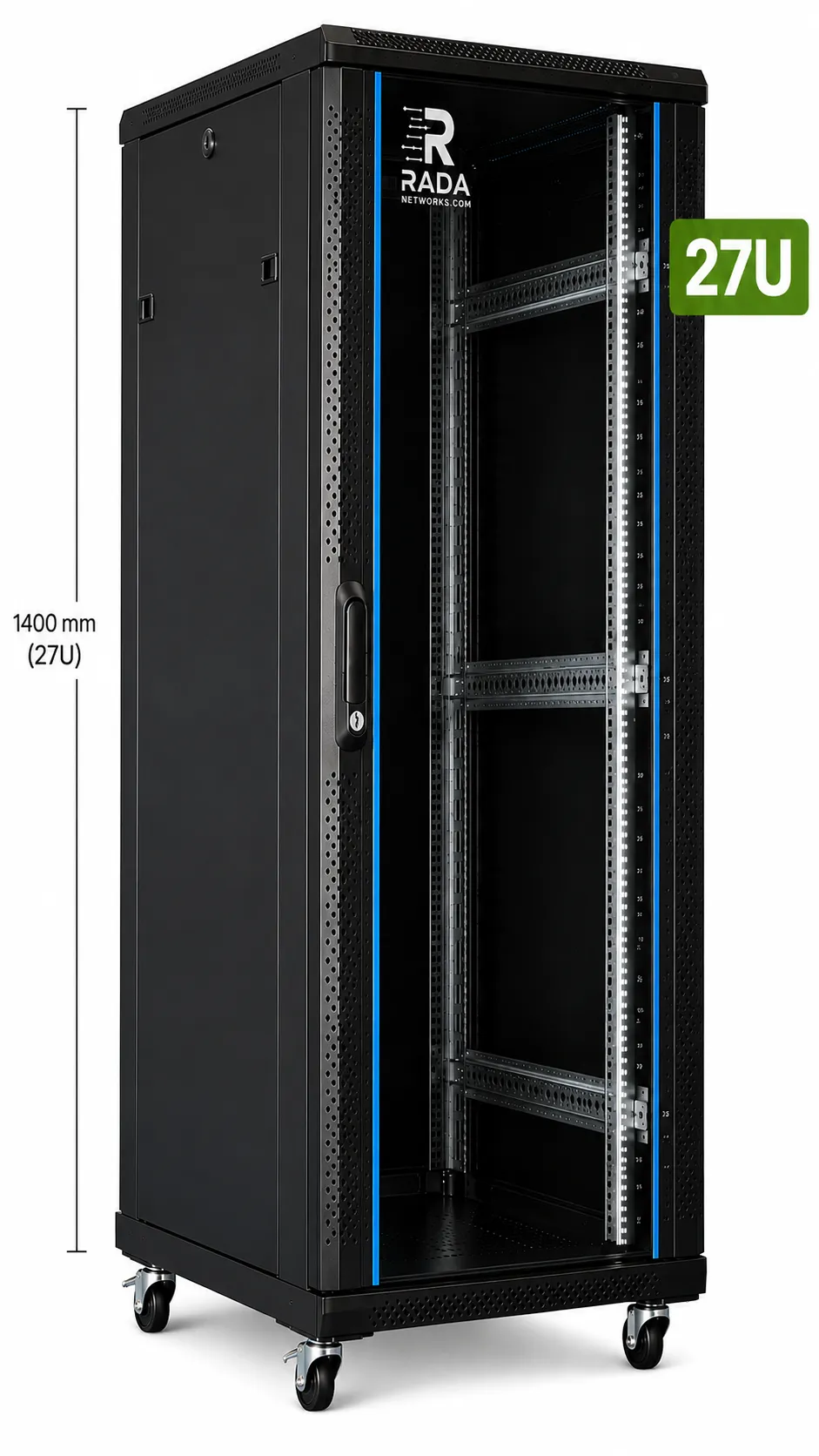 RADA Networks serverkast en patch kast van 27U op zwenkwielen met open front en montagerails — serverkast, patch kast