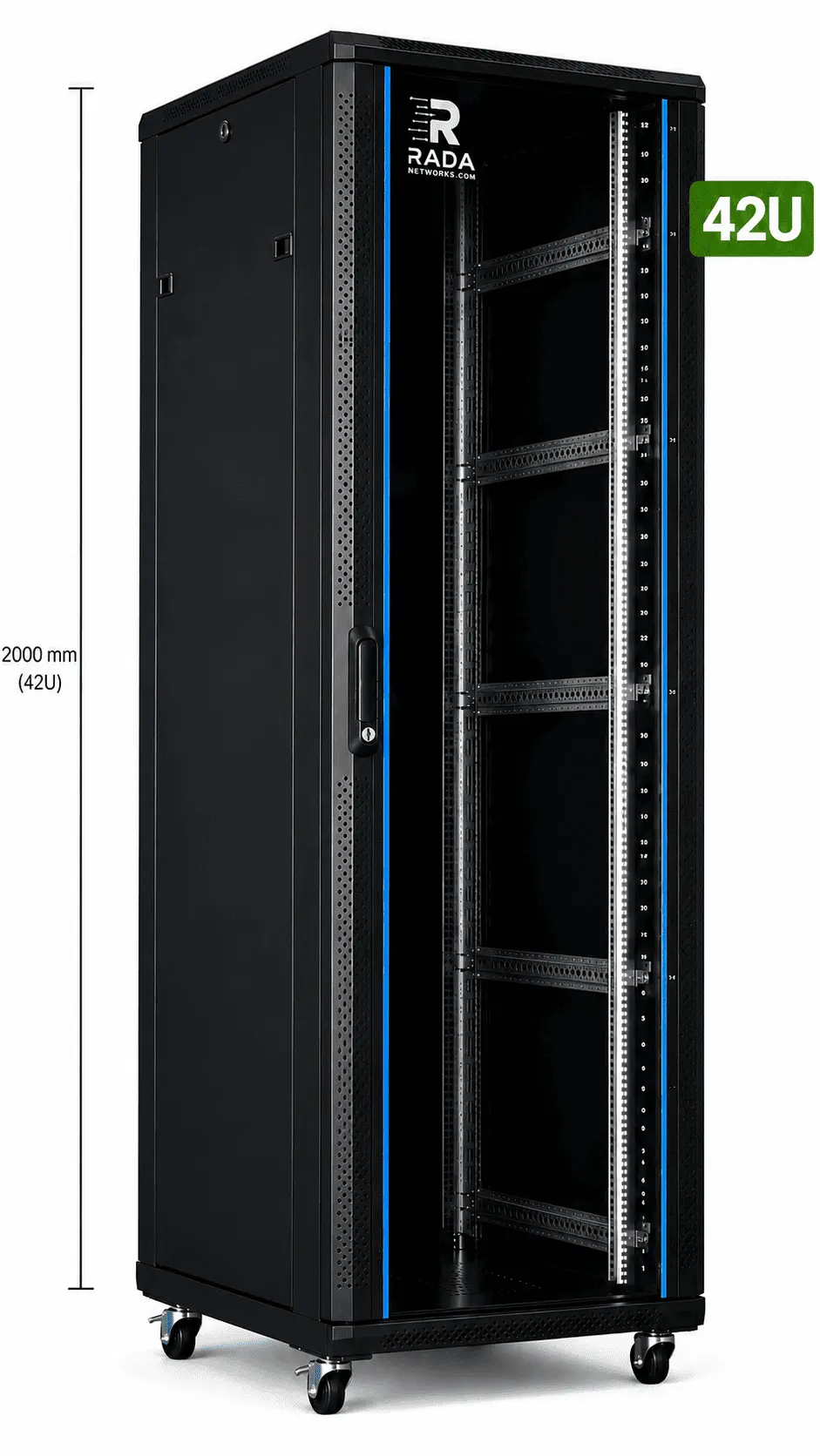 RADA Networks serverkast, patch kast van 42U op zwenkwielen.